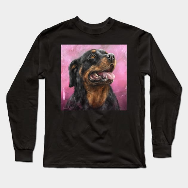 Painting of a Gorgeous Rottweiler with Its Tongue Out, Purple Spattered Background Long Sleeve T-Shirt by ibadishi